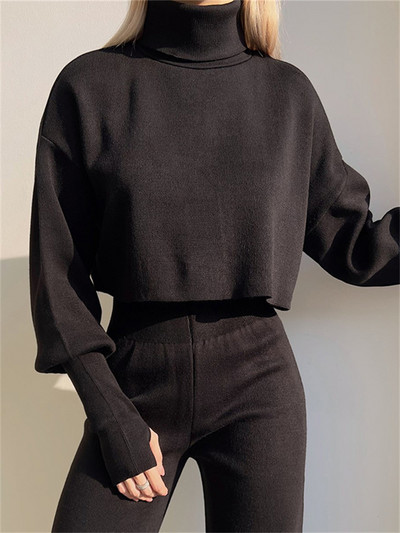 Tossy Turtleneck Two Piece Outfits για Γυναικείες Φανάρι μανίκι Cropped Top και Σετ παντελονιών ίσιο πόδι Φόρμες casual outfits