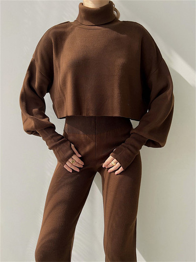 Tossy Turtleneck Two Piece Outfits για Γυναικείες Φανάρι μανίκι Cropped Top και Σετ παντελονιών ίσιο πόδι Φόρμες casual outfits
