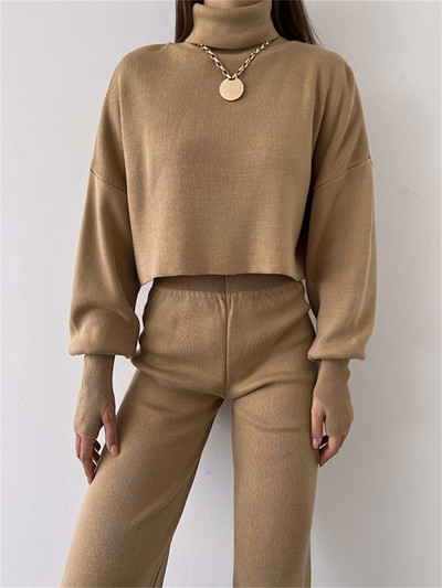 Tossy Turtleneck Two Piece Outfits για Γυναικείες Φανάρι μανίκι Cropped Top και Σετ παντελονιών ίσιο πόδι Φόρμες casual outfits
