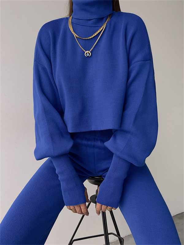 Tossy Turtleneck Two Piece Outfits για Γυναικείες Φανάρι μανίκι Cropped Top και Σετ παντελονιών ίσιο πόδι Φόρμες casual outfits