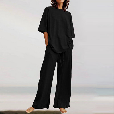 Dvodijelni komplet velike veličine za žene Ležerna majica s polurukavima i O izrezom Hlače sa širokim nogavicama Jednobojni kompleti Conjuntos Cortos