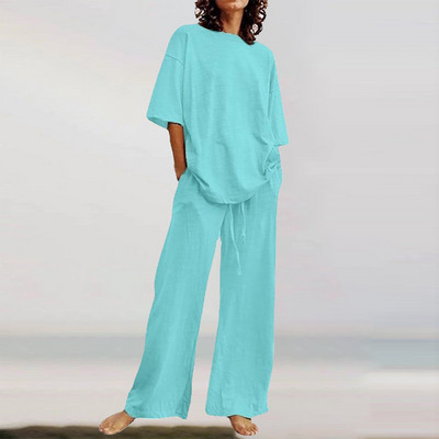 Dvodijelni komplet velike veličine za žene Ležerna majica s polurukavima i O izrezom Hlače sa širokim nogavicama Jednobojni kompleti Conjuntos Cortos