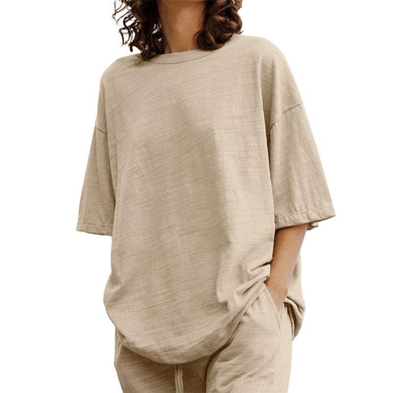 Dvodijelni komplet velike veličine za žene Ležerna majica s polurukavima i O izrezom Hlače sa širokim nogavicama Jednobojni kompleti Conjuntos Cortos