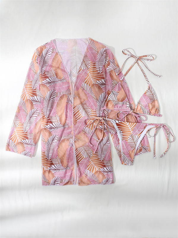 Μπικίνι 3 τεμαχίων μαγιό Γυναικείο μαγιό 2023 Νέο σέξι στάμπα με μακρυμάνικο κάλυμμα επάνω σετ μπικίνι Σετ μπικίνι ψηλόμεσο στρινγκ μαγιό παραλίας