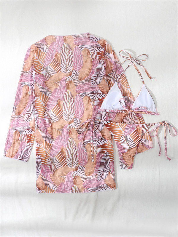 Μπικίνι 3 τεμαχίων μαγιό Γυναικείο μαγιό 2023 Νέο σέξι στάμπα με μακρυμάνικο κάλυμμα επάνω σετ μπικίνι Σετ μπικίνι ψηλόμεσο στρινγκ μαγιό παραλίας