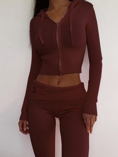 Dámske outfity s nízkym pásom, pleteným skráteným topom a nohavicami Tossy Knit, legíny, dvojdielna súprava, tepláková súprava, nové