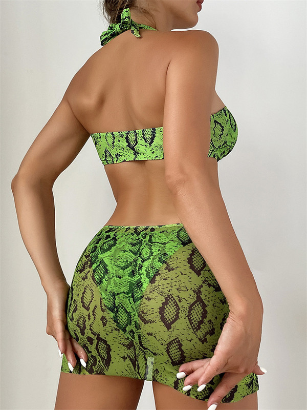 Μπικίνι Three Pieces Swimwear Γυναικεία μαγιό 2023 Νέο Σετ μπικίνι με δέρμα φιδιού πράσινου χρώματος με φούστες Μαγιό παραλίας Φόρεμα μπικίνι