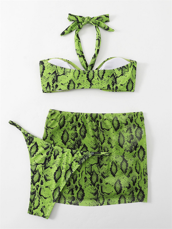 Μπικίνι Three Pieces Swimwear Γυναικεία μαγιό 2023 Νέο Σετ μπικίνι με δέρμα φιδιού πράσινου χρώματος με φούστες Μαγιό παραλίας Φόρεμα μπικίνι