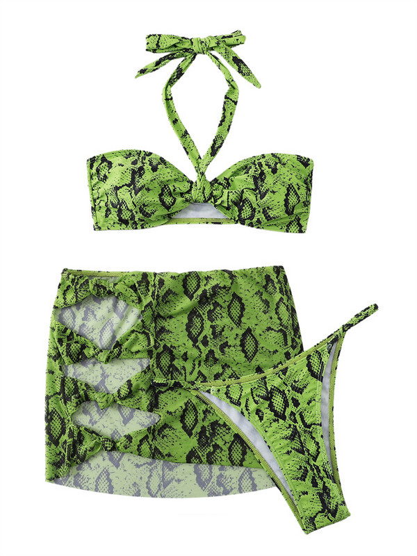 Μπικίνι Three Pieces Swimwear Γυναικεία μαγιό 2023 Νέο Σετ μπικίνι με δέρμα φιδιού πράσινου χρώματος με φούστες Μαγιό παραλίας Φόρεμα μπικίνι