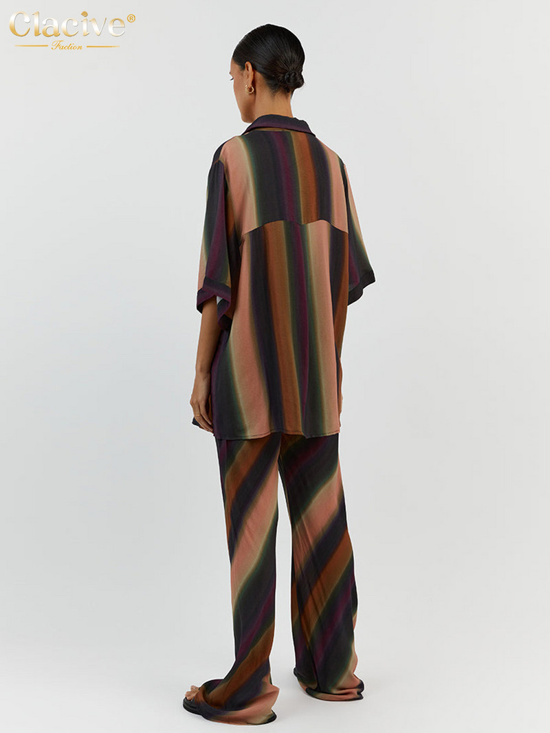Clacive Fashion Loose Print Two Piece Σετ Γυναικεία Στολή Κομψές μπλούζες με μισό μανίκι που ταιριάζουν με ψηλόμεσο παντελόνι Γυναικείο New In