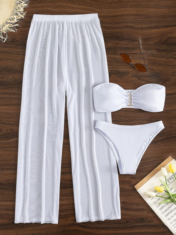 Μπικίνι Three Pieces Swimsuit Γυναικεία μαγιό 2023 Νέο μονόχρωμο λευκό παντελόνι παραλίας Σετ μπικίνι Μαγιό Γυναικείο μπικίνι παραλίας