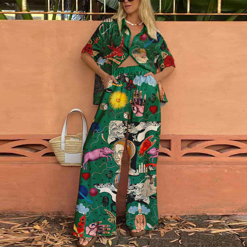 Γυναικείο Fashion Print Leisure Παντελόνι Ψηλόμεσο Γυναικείο vintage Φθινοπωρινό πουκάμισο Casual Loose Home Beach Σετ δύο τεμαχίων