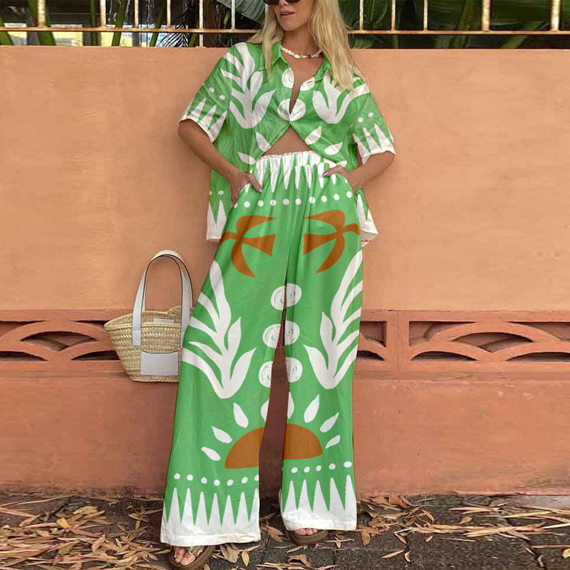 Γυναικείο Fashion Print Leisure Παντελόνι Ψηλόμεσο Γυναικείο vintage Φθινοπωρινό πουκάμισο Casual Loose Home Beach Σετ δύο τεμαχίων