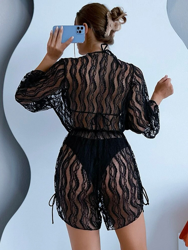 Μπικίνι 2023 Νέο γυναικείο μαγιό 3 τεμαχίων με κούφιο κάλυμμα με δαντέλα V-nack σετ μπικίνι Lace Up Μαγιό στρινγκ μαγιό παραλίας