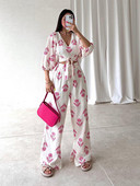 Γυναικείο κοστούμι παντελόνι με σπαστό φαρδύ πόδι με βαθύ λαιμόκοψη V με λαιμόκοψη φανάρι επάνω Επίδεσμος καλοκαιρινός σετ 2 τεμαχίων Casual loose γυναικεία στολή γραφείου