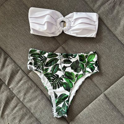 Μπικίνι 2023 Μαγιό Γυναικεία στάμπα Ψηλόμεση Σετ μπικίνι Push Up Bandeau Γυναικεία ρούχα παραλίας Biquini Girls