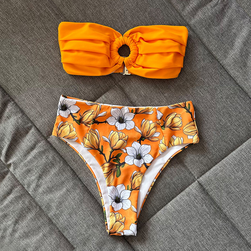 Μπικίνι 2023 Μαγιό Γυναικεία στάμπα Ψηλόμεση Σετ μπικίνι Push Up Bandeau Γυναικεία ρούχα παραλίας Biquini Girls