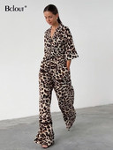 Bclout Seturi de pantaloni lungi de toamnă leopard femei 2 piese la modă guler crestat cămăși largi cu imprimeu elegant cu pantaloni largi costume 2023