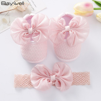 Бебешки обувки за новородено кръщене Бели дантелени панделки Обувки за момичета Комплект ленти за глава Toddler Prewalker Сладки бебешки меки обувки за 0-18M
