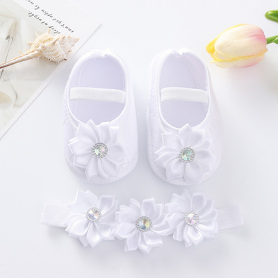 Dječje cipele za krštenje novorođenčeta Bijele čipkane mašne Cipele za djevojčice Komplet traka za glavu za malu djecu Slatke mekane dječje cipele za 0-18M