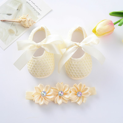 Dječje cipele za krštenje novorođenčeta Bijele čipkane mašne Cipele za djevojčice Komplet traka za glavu za malu djecu Slatke mekane dječje cipele za 0-18M