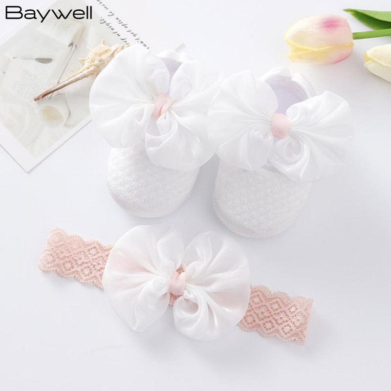 Dječje cipele za krštenje novorođenčeta Bijele čipkane mašne Cipele za djevojčice Komplet traka za glavu za malu djecu Slatke mekane dječje cipele za 0-18M