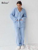 Bclout Fashion Σετ παντελονιών μπλε μάλλινα Γυναικεία 2 τεμάχια Φθινοπωρινές τσέπες με λαιμόκοψη Χαλαρά μπλουζάκια Κομψά μασίφ παντελόνια φαρδιά γυναικεία