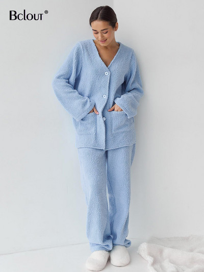 Bclout Fashion Σετ παντελονιών μπλε μάλλινα Γυναικεία 2 τεμάχια Φθινοπωρινές τσέπες με λαιμόκοψη Χαλαρά μπλουζάκια Κομψά μασίφ παντελόνια φαρδιά γυναικεία