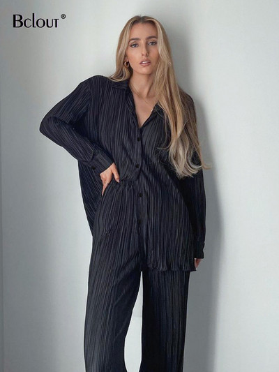 Jesenné skladané nohavice Bclout, dvojdielne sety, dámske outfity, voľné blúzky s dlhým rukávom, párty, nohavice s vysokým pásom, obleky pre ženy od 2000 rokov