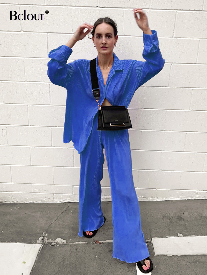 Jesenné skladané nohavice Bclout, dvojdielne sety, dámske outfity, voľné blúzky s dlhým rukávom, párty, nohavice s vysokým pásom, obleky pre ženy od 2000 rokov