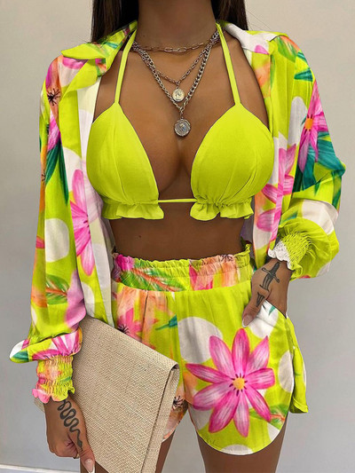 Bikini 2023 Nou 3 piese Costum de baie pentru femei Costume de baie sexy cu talie înaltă Set de bikini pentru acoperire Costum de baie pentru femei Pantaloni scurți de vară, plajă XL