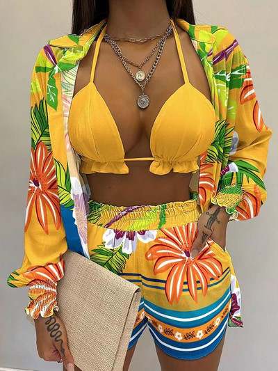 Bikini 2023 Nou 3 piese Costum de baie pentru femei Costume de baie sexy cu talie înaltă Set de bikini pentru acoperire Costum de baie pentru femei Pantaloni scurți de vară, plajă XL