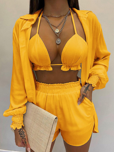 Bikini 2023 Nou 3 piese Costum de baie pentru femei Costume de baie sexy cu talie înaltă Set de bikini pentru acoperire Costum de baie pentru femei Pantaloni scurți de vară, plajă XL