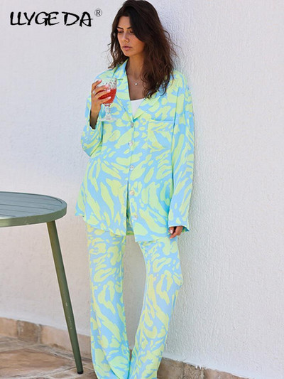 Πολύχρωμο casual γυναικείο σετ 2 τεμαχίων με εμπριμέ μακρυμάνικο πουκάμισο μονόστομο κοστούμι Γυναικείο ίσιο παντελόνι 2023 Ανοιξιάτικα σετ