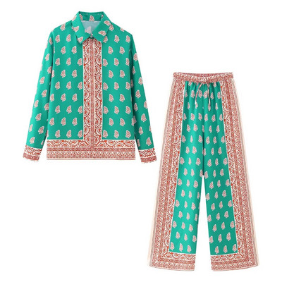 TRAFZA Seturi de pantaloni imprimați la modă pentru femei+Bluze casual de epocă largi, cu mâneci lungi, cu nasturi, cămăși pentru femei Topuri șic Costum din două piese