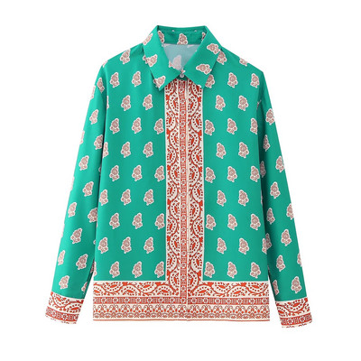 TRAFZA Seturi de pantaloni imprimați la modă pentru femei+Bluze casual de epocă largi, cu mâneci lungi, cu nasturi, cămăși pentru femei Topuri șic Costum din două piese