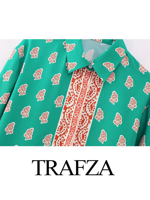 TRAFZA Seturi de pantaloni imprimați la modă pentru femei+Bluze casual de epocă largi, cu mâneci lungi, cu nasturi, cămăși pentru femei Topuri șic Costum din două piese