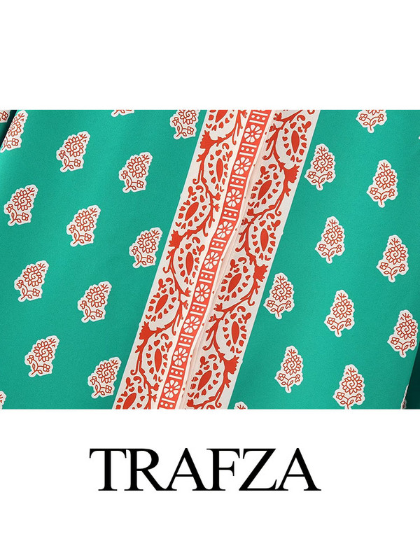 TRAFZA Seturi de pantaloni imprimați la modă pentru femei+Bluze casual de epocă largi, cu mâneci lungi, cu nasturi, cămăși pentru femei Topuri șic Costum din două piese