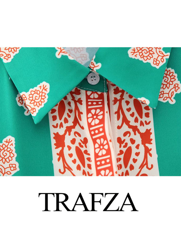 TRAFZA Seturi de pantaloni imprimați la modă pentru femei+Bluze casual de epocă largi, cu mâneci lungi, cu nasturi, cămăși pentru femei Topuri șic Costum din două piese