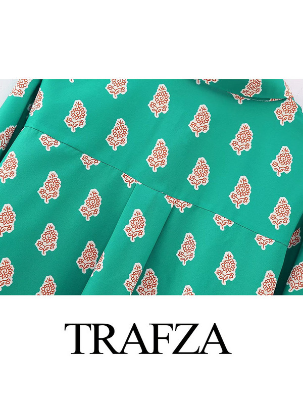 TRAFZA Seturi de pantaloni imprimați la modă pentru femei+Bluze casual de epocă largi, cu mâneci lungi, cu nasturi, cămăși pentru femei Topuri șic Costum din două piese