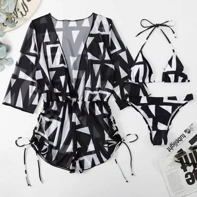 3 τεμάχια Halter Bikini Tropical print Μαγιό με κορδόνι στο πλάι Γυναικείο μακρυμάνικο μαγιό Γυναικείο μαγιό παραλίας