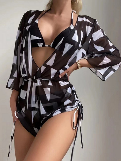 3 darab Halter Bikini Tropical Print fürdőruha húzózsinóros oldalsó fürdőruha Női hosszú ujjú fürdőruha Női fürdőruha