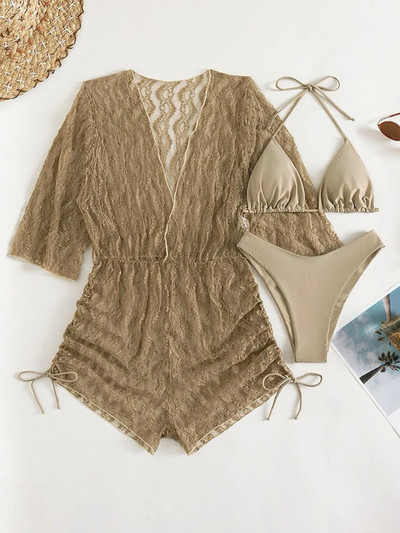 3 τεμάχια Halter Bikini Tropical print Μαγιό με κορδόνι στο πλάι Γυναικείο μακρυμάνικο μαγιό Γυναικείο μαγιό παραλίας