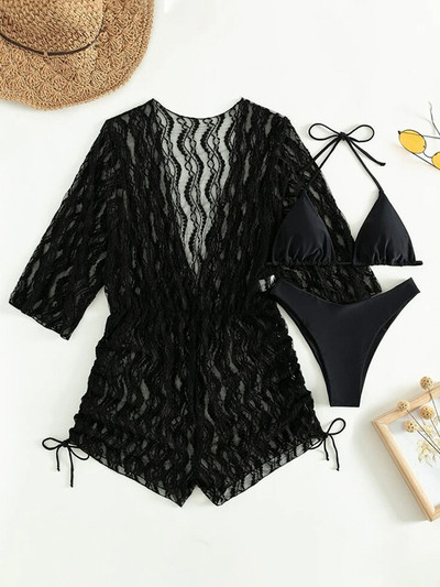 3 τεμάχια Halter Bikini Tropical print Μαγιό με κορδόνι στο πλάι Γυναικείο μακρυμάνικο μαγιό Γυναικείο μαγιό παραλίας