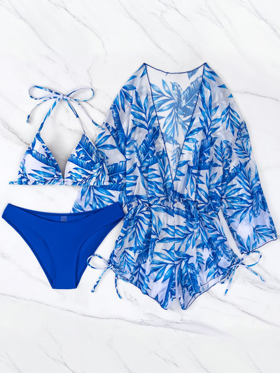 3 τεμάχια Halter Bikini Tropical print Μαγιό με κορδόνι στο πλάι Γυναικείο μακρυμάνικο μαγιό Γυναικείο μαγιό παραλίας