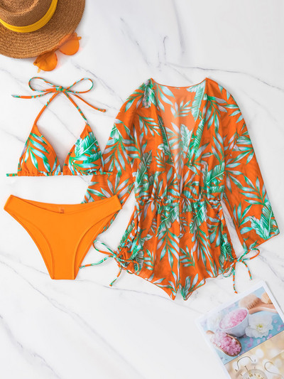3 τεμάχια Halter Bikini Tropical print Μαγιό με κορδόνι στο πλάι Γυναικείο μακρυμάνικο μαγιό Γυναικείο μαγιό παραλίας