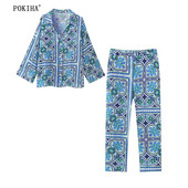 Pokiha Fashion Femei Imprime Bluze cu mânecă lungă cămașă și pantaloni casual cu talie înaltă Femei Chic Seturi două piese Mujer