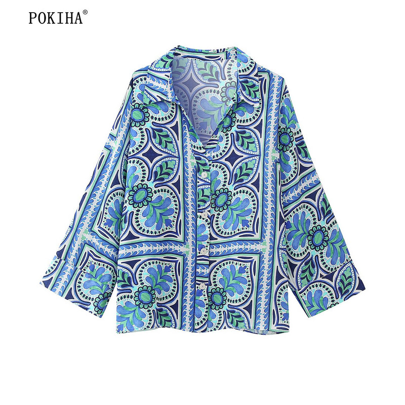 Pokiha Fashion Femei Imprime Bluze cu mânecă lungă cămașă și pantaloni casual cu talie înaltă Femei Chic Seturi două piese Mujer