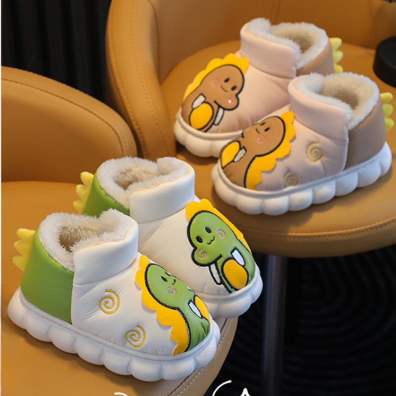 Nove dječje kratke čizme za djevojčice Svestrane zimske tople čizme za snijeg s crtanim filmovima dinosaura za dječake 2023 PU neklizajuće prozračne korejski stil