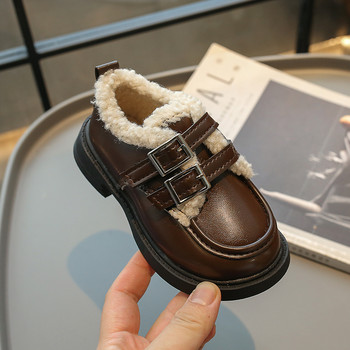 Детски кожени ботуши 2023 г. Нови кафяви обувки за момчета и момичета Подплатени памучни обувки Есен Зима Черни малки детски бебешки кожени обувки с меко дъно